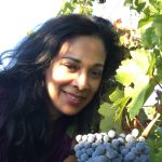 Woman looking at grapes on vine