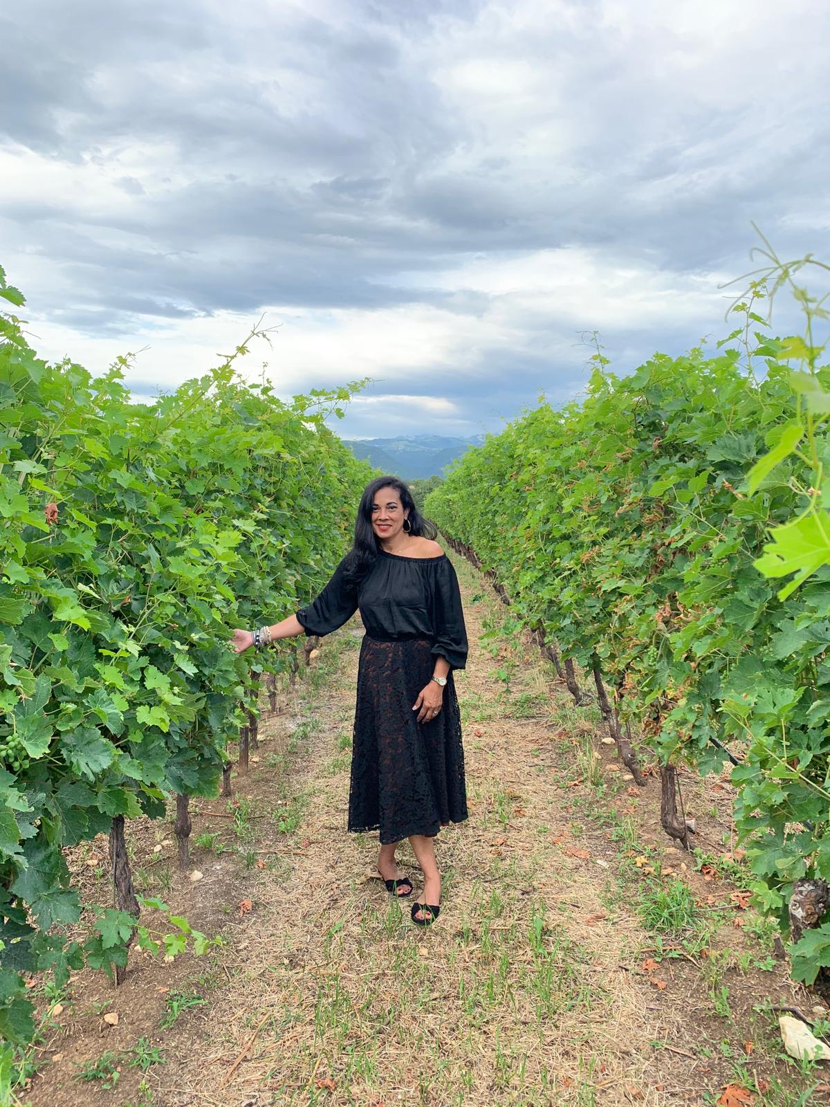 Walking between vineyard rows
